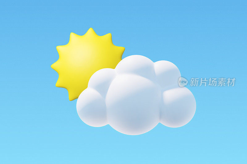 Vector sun and cloud on blue sky. 3d render wether icon on blue sky background
